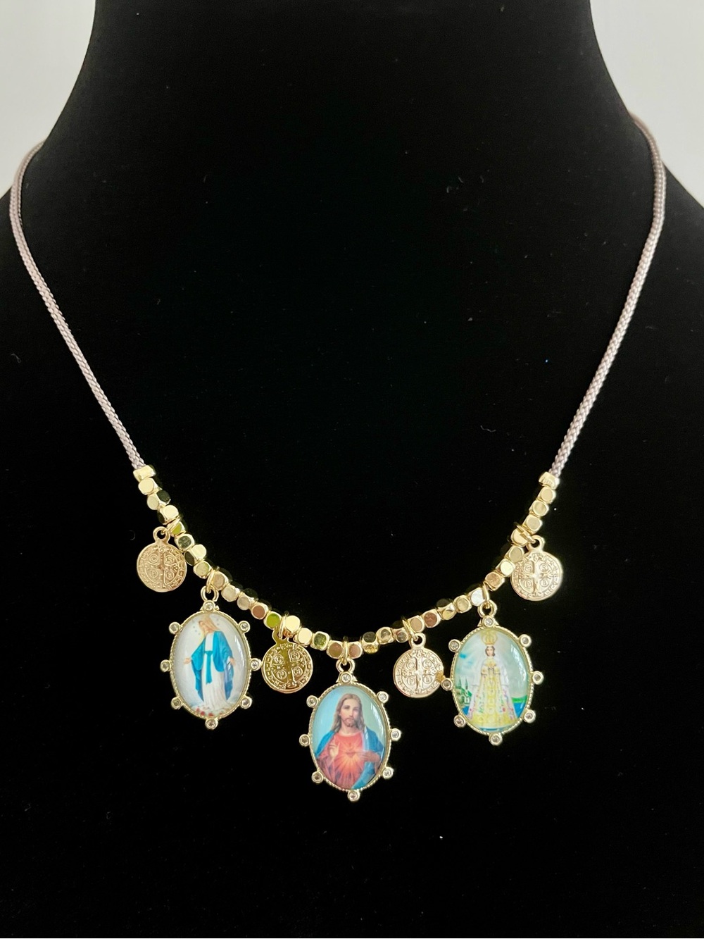 Gold-Tone Religious Christian Pendant Charm Necklace with Multicolor Medallions